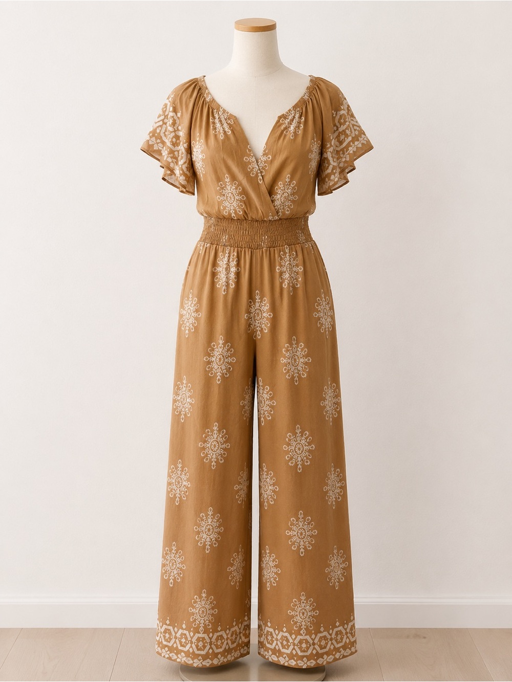 chic Mustard Floral-Print Wide-Leg Jumpsuit